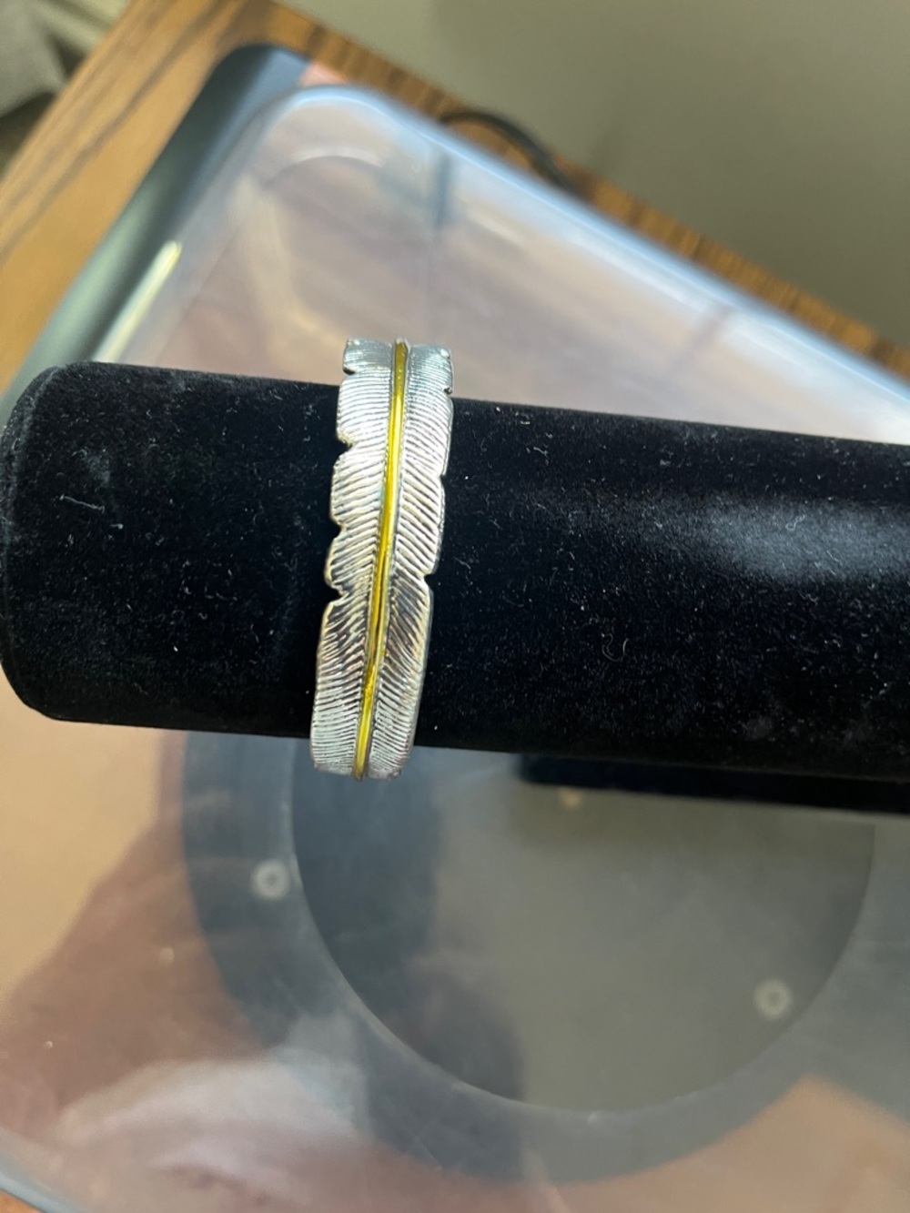 Feather Motif Bangle Bracelet in Silver with Gold Accent